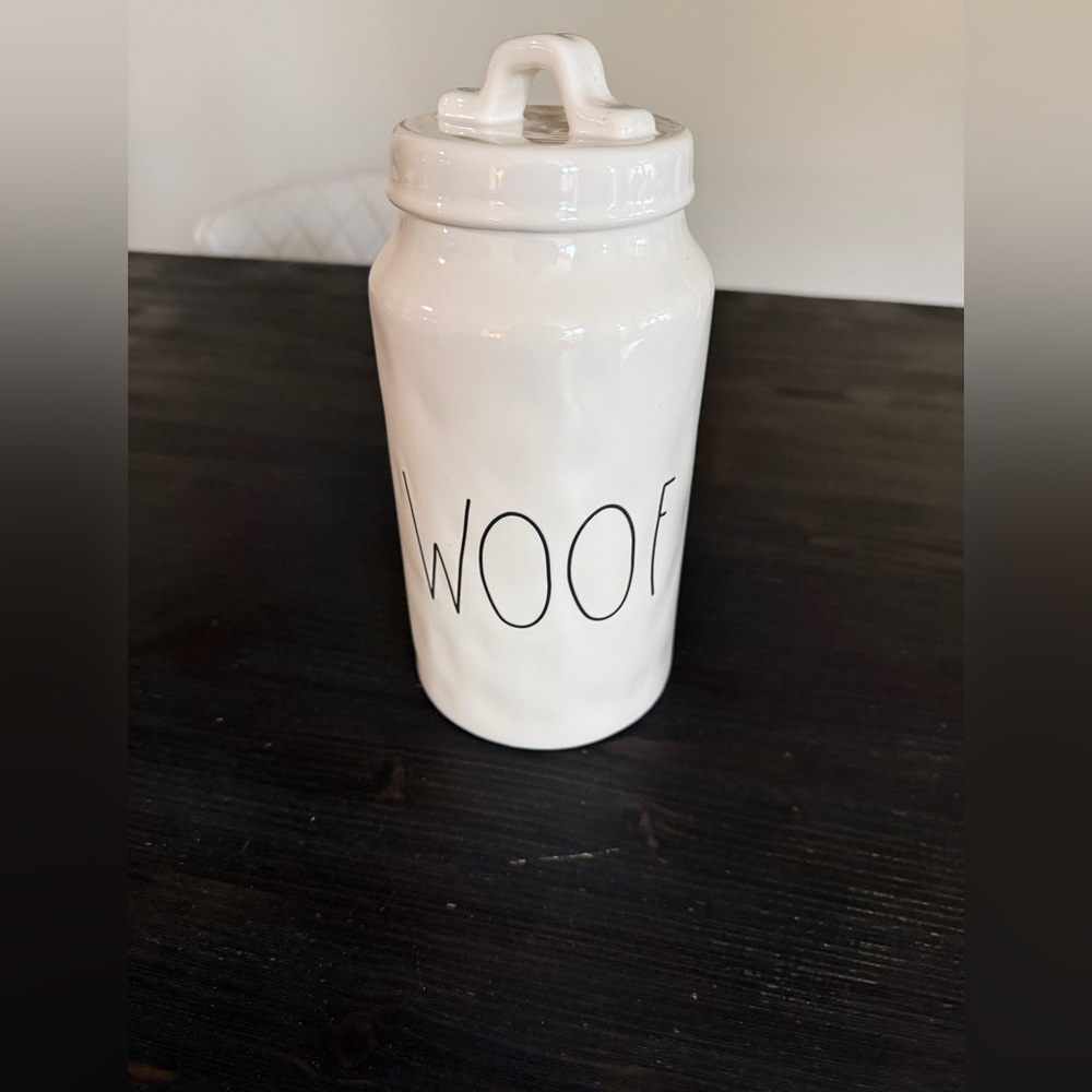 Rae Dunn WOOF Ceramic Pet Dog Treats Canister W/Lid White By Magenta - Picture 2 of 7